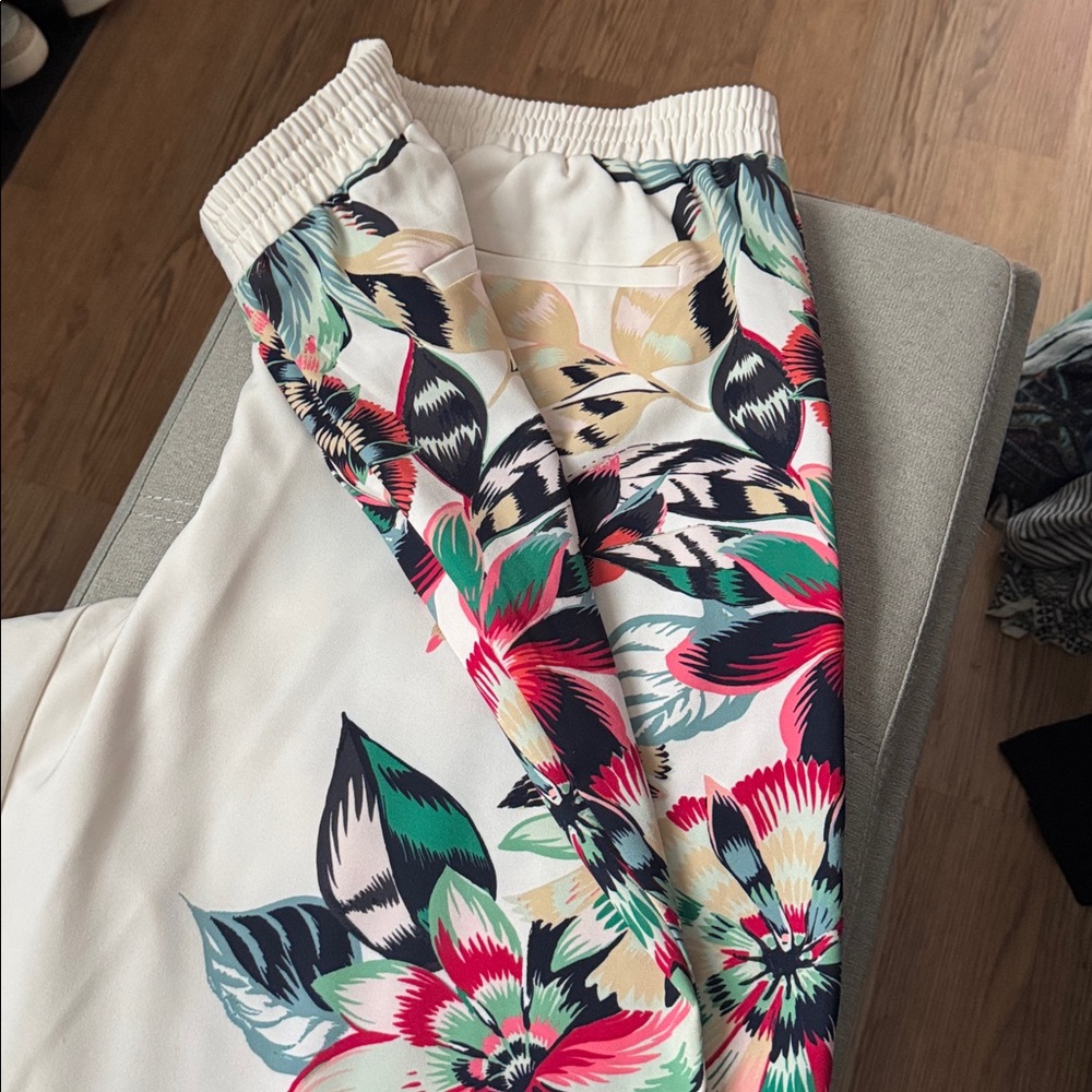Floral Wide-Leg Trousers - White with Pink & Green Bloom
